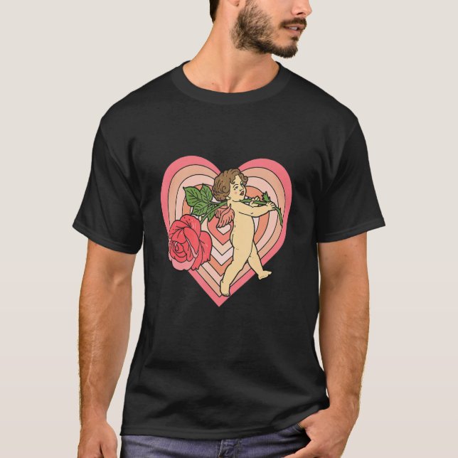 Cupid Cherub Angel mit Rote Rose Herzschlag Liebe  T-Shirt (Vorderseite)