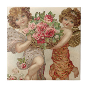Cupid Cherub Engel Korb Rosen Rose Fliese