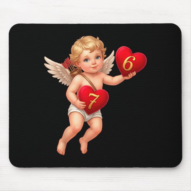 Cupid hält 6 und 7 Herzen Valentins-Meme Cute  Mousepad (Vorne)