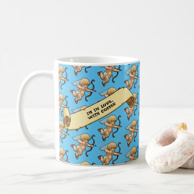 Cupid I'm In Love With Coffee! Valentine's Pattern Kaffeetasse (Mit Donut)