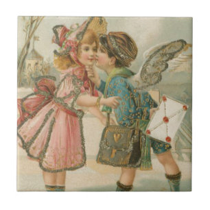 Cupid Junge und Mädchen in Rosa Valentinstag Fliese