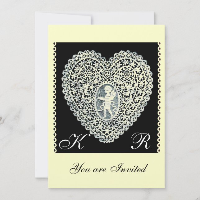 CUPID LACE HEART MONOGRAMM Gold Metallic Papier Einladung (Vorderseite)