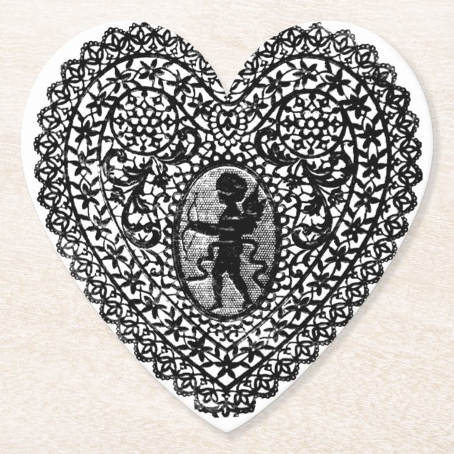 CUPID LACE HERZ SCHWARZ WEISS BLUMEN VALENTINSTAG UNTERSETZER (Vorderseite)