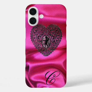 CUPID LACE HERZ SEIDE SCHWARZ FUCHSIE STOFF MONOGR iPhone 16 PLUS HÜLLE