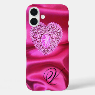 CUPID LACE HERZ SEIDEN PINK FUCHSIA STOFF MONOGRAM iPhone 16 PLUS HÜLLE
