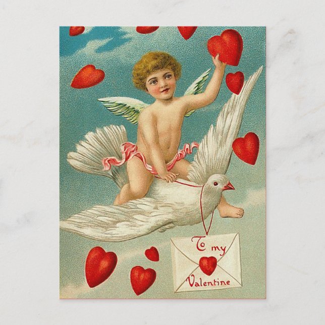 Cupid liefert Herzen an einer Taube Postkarte (Vorderseite)