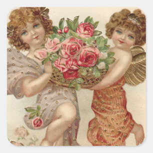 Cupido Cherub Engel Korb Rosen Rose Quadratischer Aufkleber