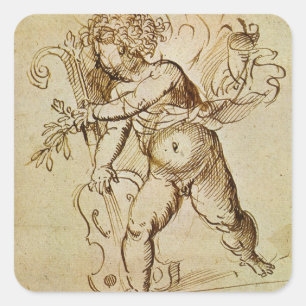 Cupido mit einer Violine von Domenico Campagnola Quadratischer Aufkleber