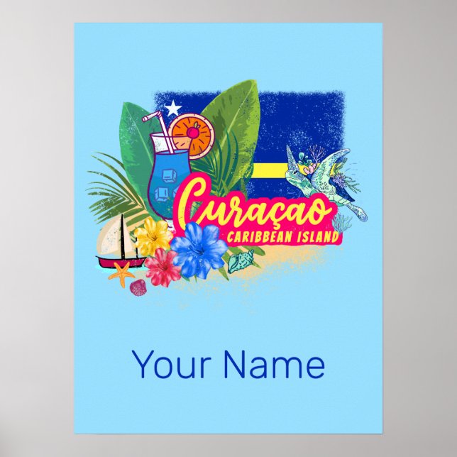 Curacao Retro-Karibische Insel mit Schildkröte Vin Poster (Vorne)