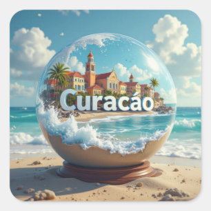 Curaçao Strand Küste Globus Quadratischer Aufkleber