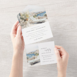 Curfu Griechenland Wasserfarbenlandschaft Hochzeit All In One Einladung