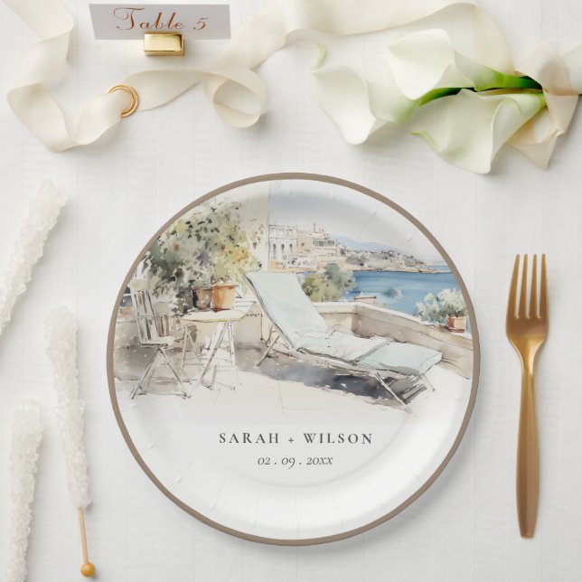 Curfu Griechenland Wasserfarbenlandschaft Hochzeit Pappteller (Hochzeit)