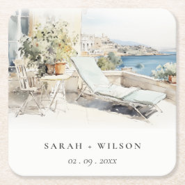 Curfu Griechenland Wasserfarbenlandschaft Hochzeit Rechteckiger Pappuntersetzer