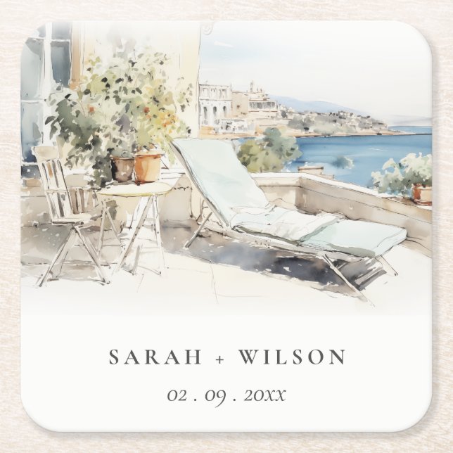 Curfu Griechenland Wasserfarbenlandschaft Hochzeit Rechteckiger Pappuntersetzer (Vorderseite)