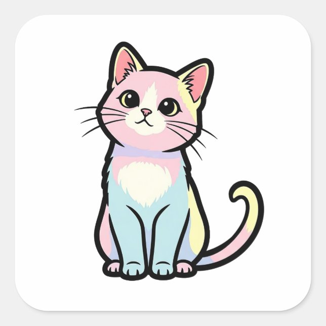 Curious Cat – Cute Kawaii Animal Illustration Quadratischer Aufkleber (Vorderseite)