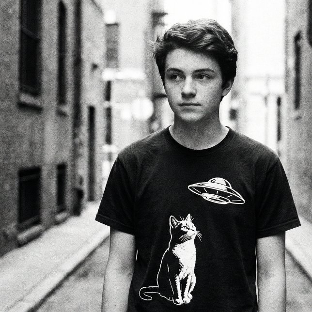 Curious Cat Watching UFO – Funny Alien Cat Sci-Fi T-Shirt (Von Creator hochgeladen)