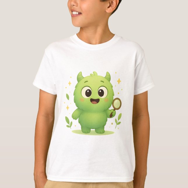 Curious Explorer Monster — Cute Green Kids Shirt (Vorderseite)