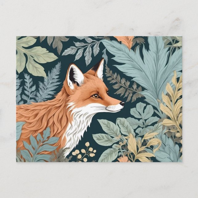 Curious Fox Fern Blätter William Morris Inspiriert Postkarte (Vorderseite)