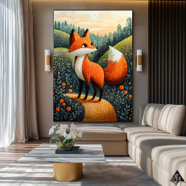 Curious Fox in Meadow - Naïf Whimsical Wildlife Poster