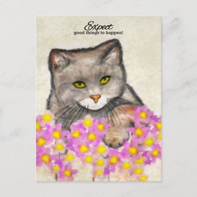 Curious Kitty - "Erwarte, dass gute Dinge passiere Postkarte (Vorderseite)