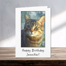 Curious Tabby Cat Portrait Happy Birthday Name Karte