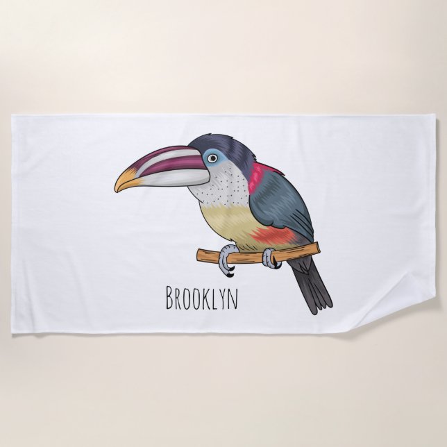 Curl crested aracari bird cartoon illustration strandtuch (Vorderseite)
