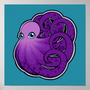 Curled Lila Gepunkteter Oktopus Tinte Zeichnend De Poster
