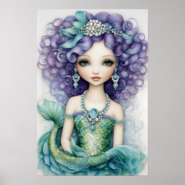 Curlhaariges Girl Green Mermaid Poster (Vorne)