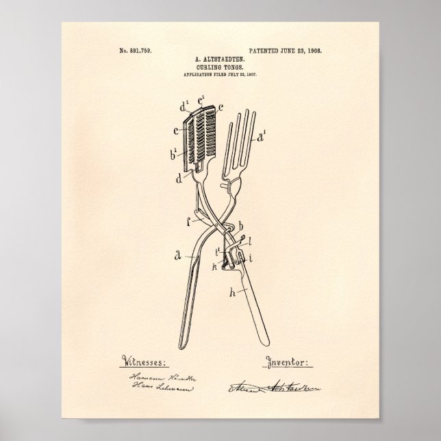 Curling Tongs 1908 Patent Art Old Peper Poster (Vorne)