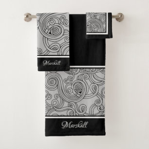 Curls Design Grau Schwarz Weiß Badetuch-Set Badhandtuch Set