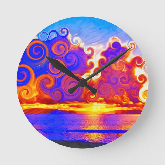 Curly California Sunset Seashore Runde Wanduhr (Vorderseite)