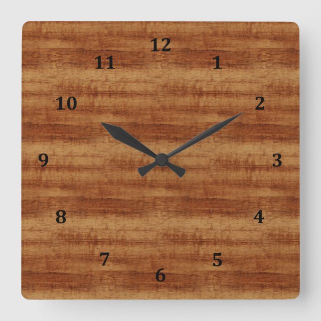 Curly Koa Acacia Holz Grain Look Quadratische Wanduhr (Vorderseite)