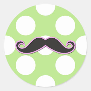 Curly Mustache, Polka Dots - Black Pink Green Runder Aufkleber