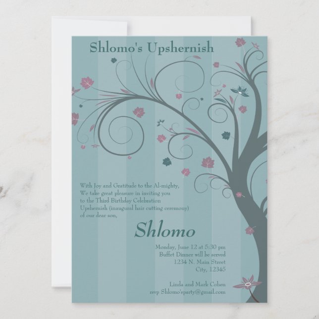 Curly Tree - blaue Einladung (Vorderseite)