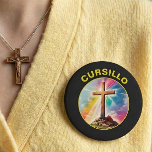 Cursillo Holzkreuz mit Regenbogen und Wolken Button