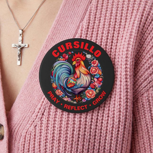 Cursillo Rooster with Roses Pray Reflect Grow Button (Von Creator hochgeladen)