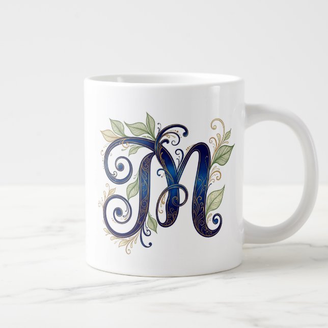 Cursive M – Elegant Blue & Gold Monogram Jumbo-Tasse (Rechts)