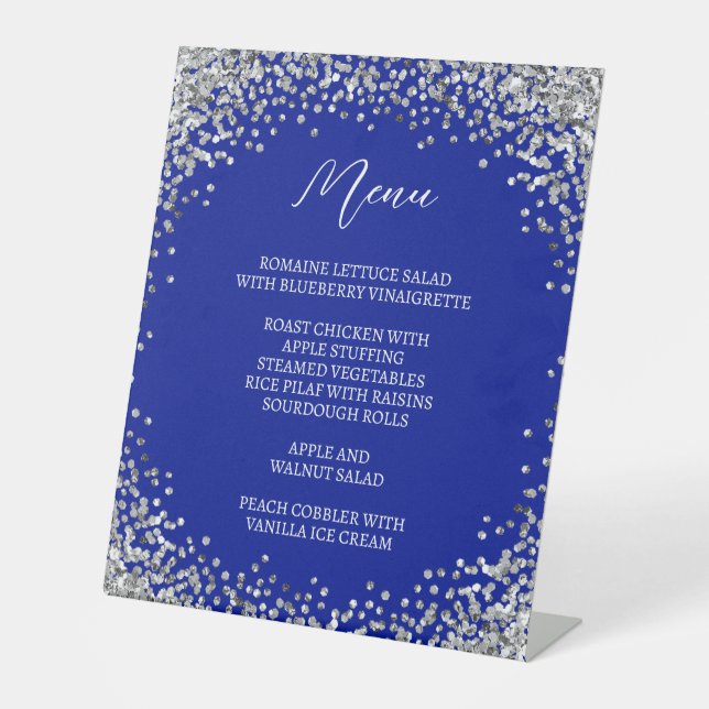 Curved Silver Glitter Royal Blue Menu Sockelschild (Vorderseite)
