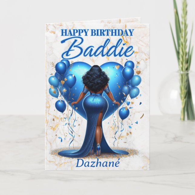 Curvy Afrikanische Amerikanerin Blue Glam Birthday Karte (Vorderseite)
