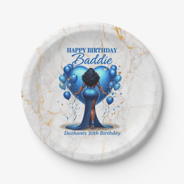 Curvy Afrikanische Amerikanerin Blue Glam Birthday Pappteller (Vorderseite)