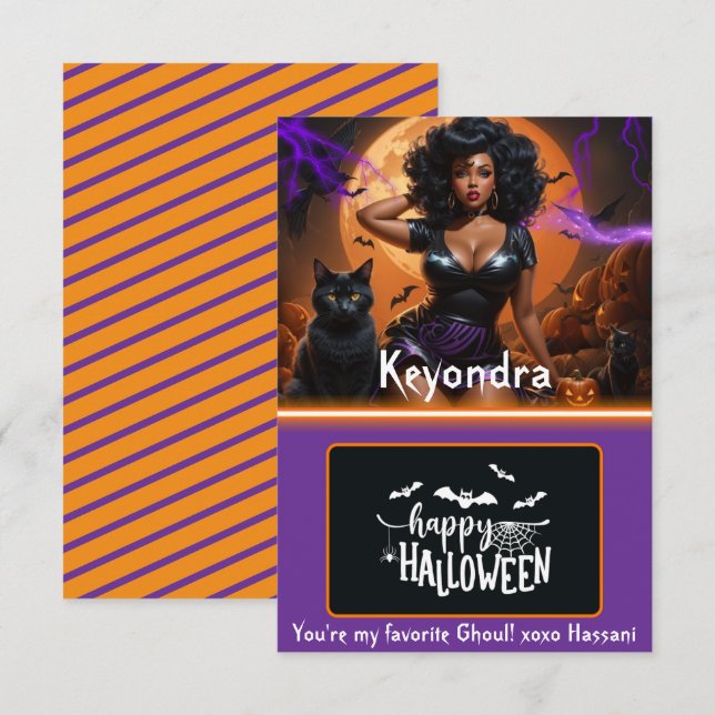 Curvy Black Pinup Halloween Frauenkartenhalter Einladung (Vorne/Hinten)