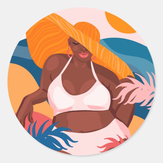 Curvy Black Woman, Beach Vacation Ready Runder Aufkleber (Vorderseite)