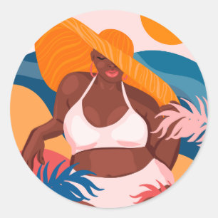Curvy Black Woman, Beach Vacation Ready Runder Aufkleber
