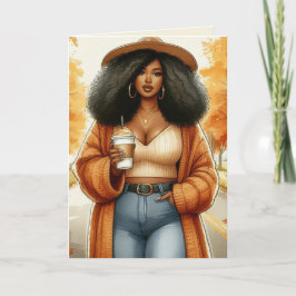 Curvy Cosy American Woman Erntedank Karte