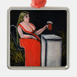 Curvy-Frau mit einer Tasse Bier Ornament Aus Metall