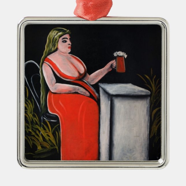 Curvy-Frau mit einer Tasse Bier Ornament Aus Metall (Vorne)