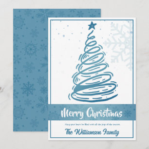 Curvy Lines Christmas Tree Snowflakes Blue White Feiertagskarte