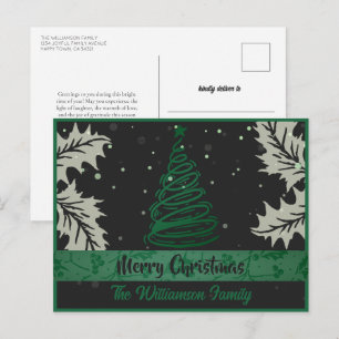 Curvy Lines Weihnachtsbaum Holly Leaf Green Black Feiertagspostkarte