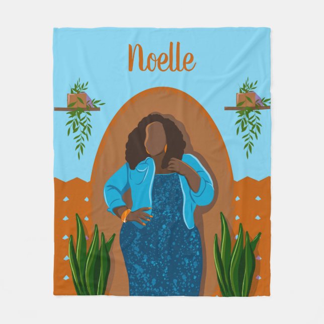 Curvy, Schwarze Frau, Hauspflanzen, Orange & Blau Fleecedecke (Vorderseite)