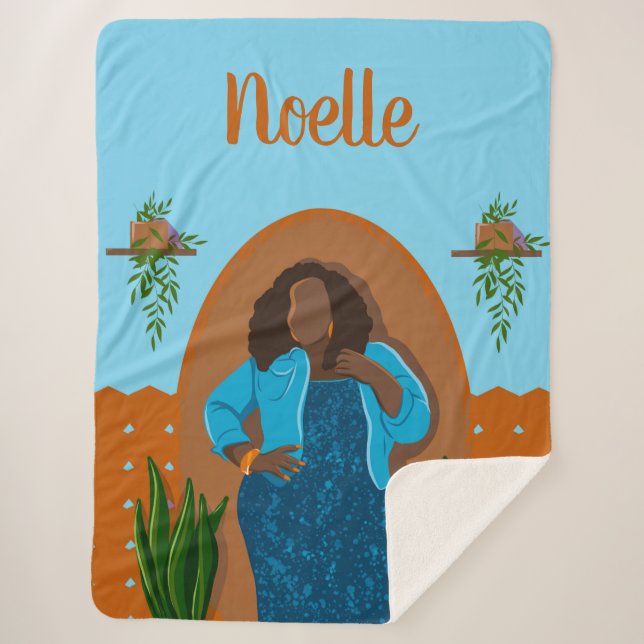 Curvy, Schwarze Frau, Hauspflanzen, Orange & Blau Sherpadecke (Vorderseite)